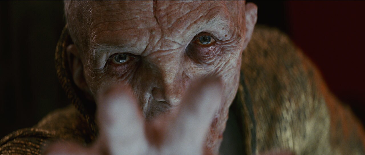 A close-up of Supreme Leader Snoke's face.