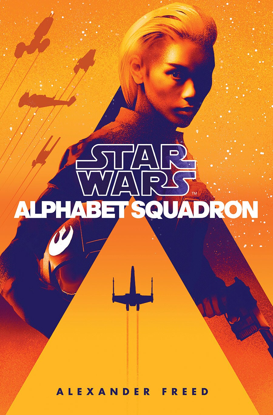 The cover of the novel Alphabet Squadron. Yrica Quell holds a helmet and pistol above a silhouette of an X-wing flying skyward.
