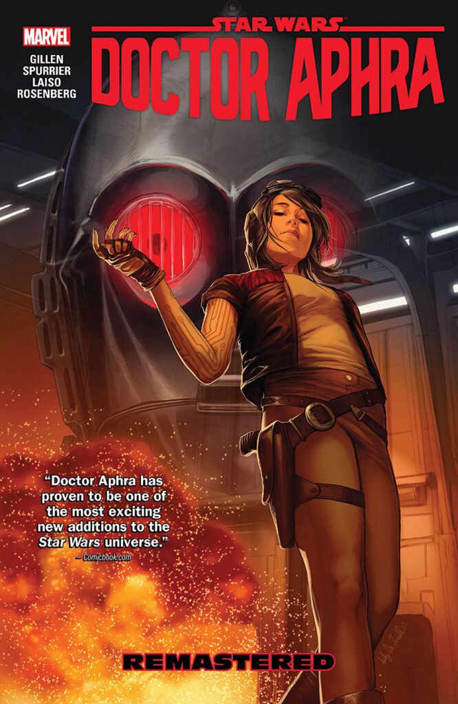 Aphra walks away from an explosion on the cover of the comic collection Doctor Aphra: Remastered.