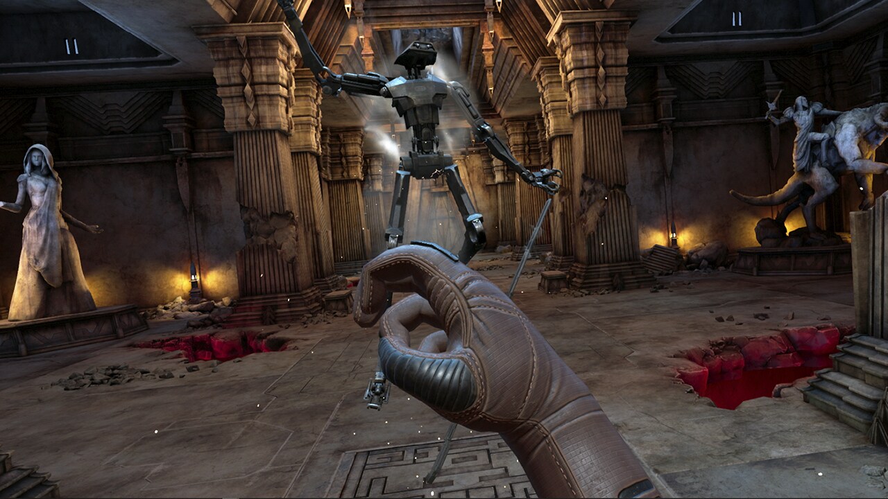 The player uses the Force to lift ZO-E3 off the ground, in the VR experience Vader Immortal.