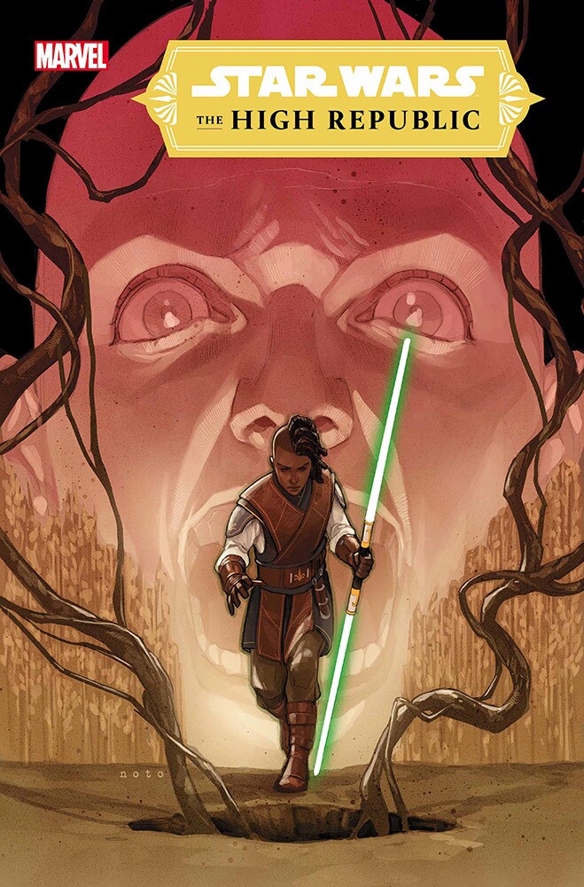 Keeve Trennis holds her double-bladed lightsaber on the cover of The High Republic #3.