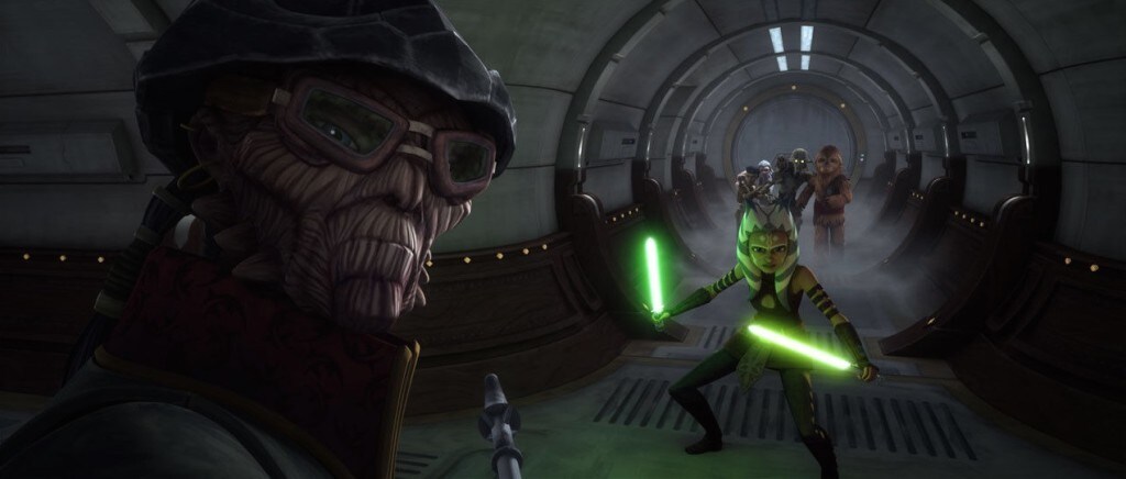 Ahsoka Tano defending Jedi younglings from Hondo Ohnaka aboard the Crucible