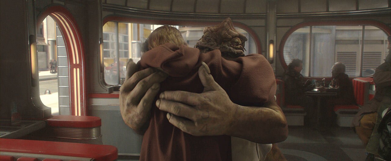 Obi-Wan and Dex hugging