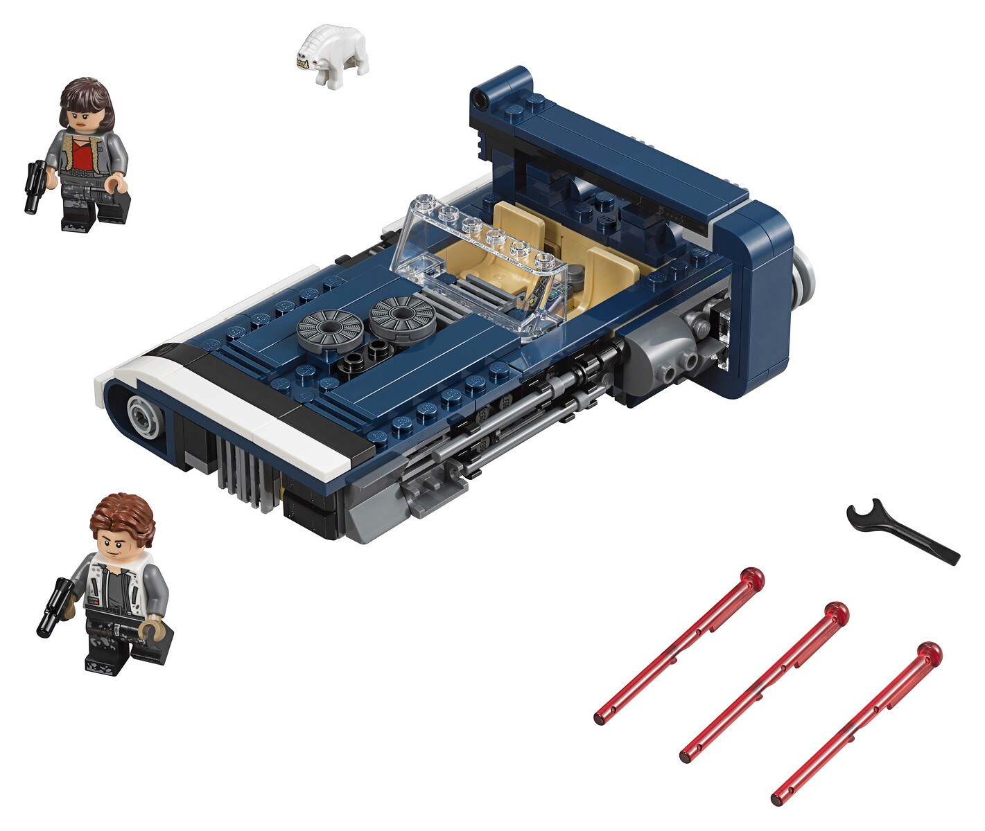 A LEGO landspeeder with Han and Qi'ra figurines.
