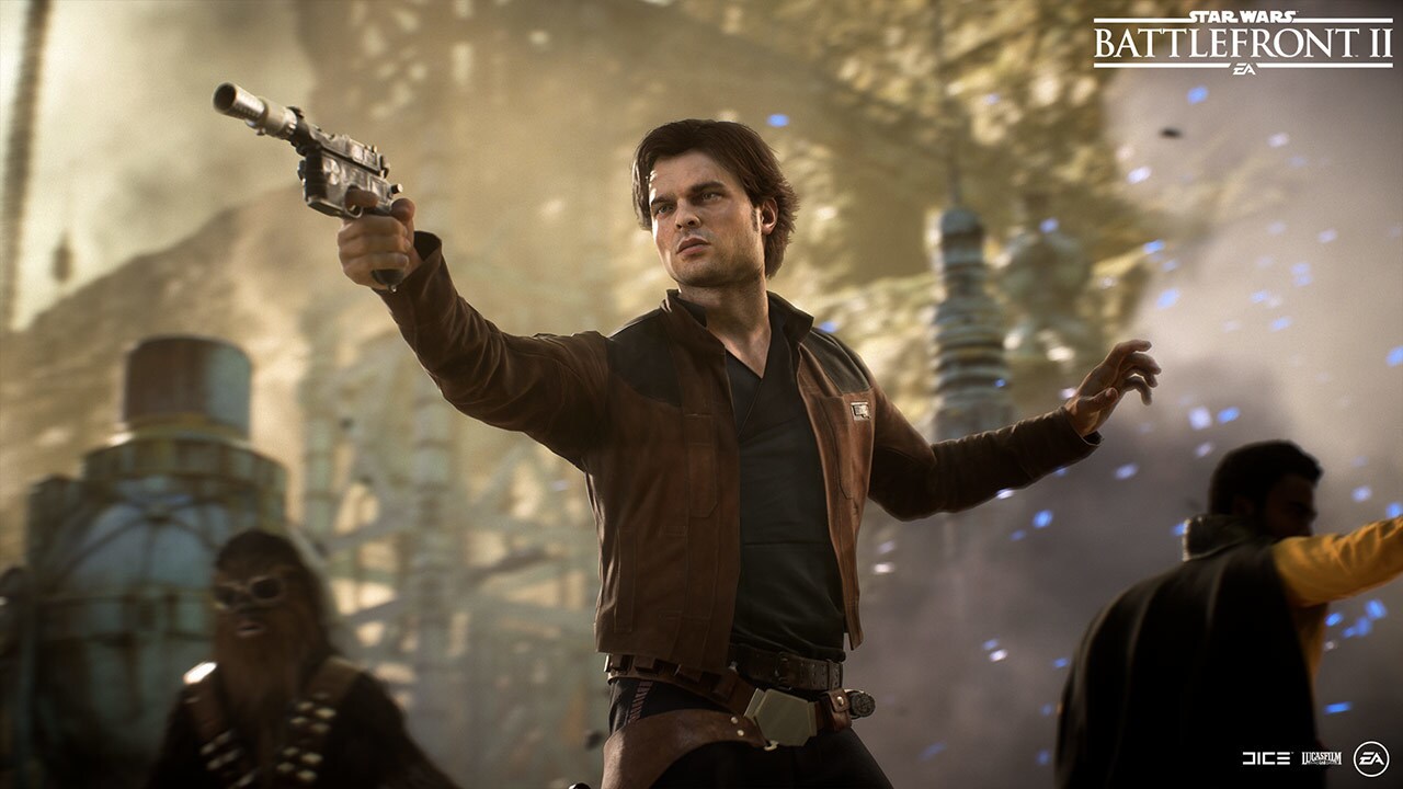 Han Solo aims his blaster in a still from the video game Star Wars Battlefront 2.