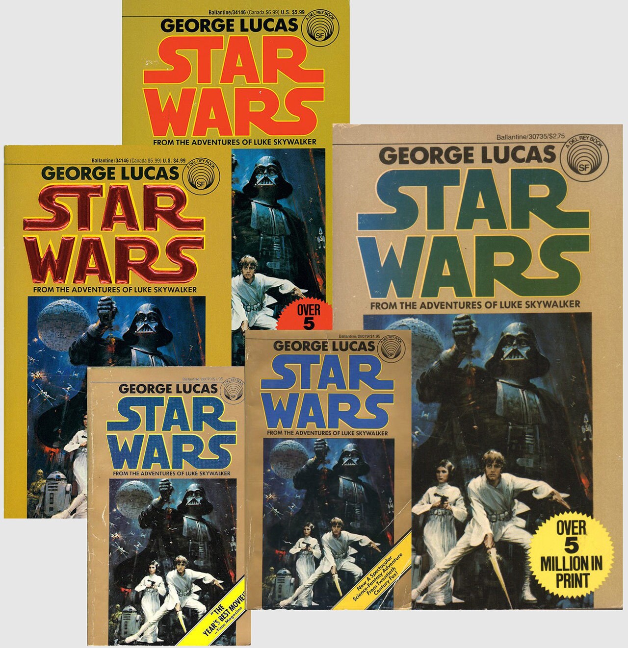 Multiple editions of the book Star Wars: From the Adventures of Luke Skywalker, by George Lucas.