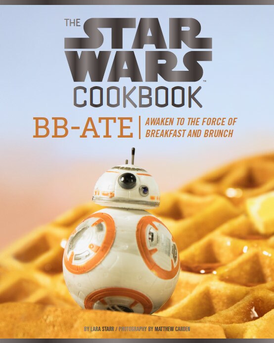 BB-8 sits atop a waffle on a book titled The Star Wars Cookbook.