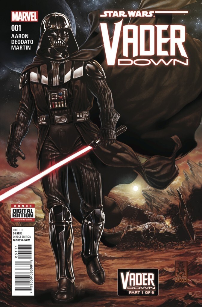 Darth Vader wields a lightsaber as his cape billows behind him on the cover of an issue of Marvel's comic book series Vader Down.