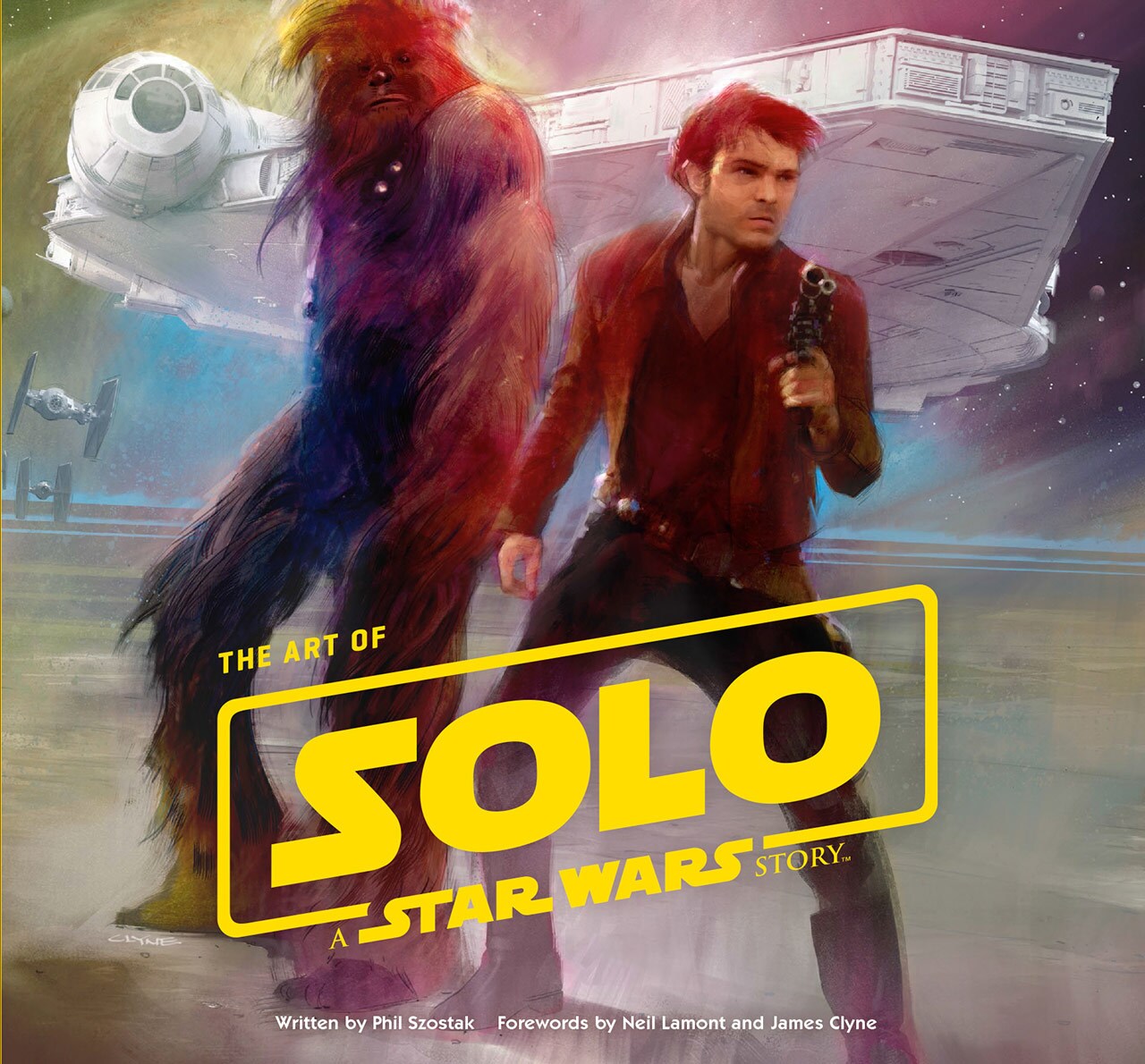 The Art of Solo: A Star Wars Story book cover. It features stylized art of Han and Chewbacca standing with the Millennium Falcon in the background.
