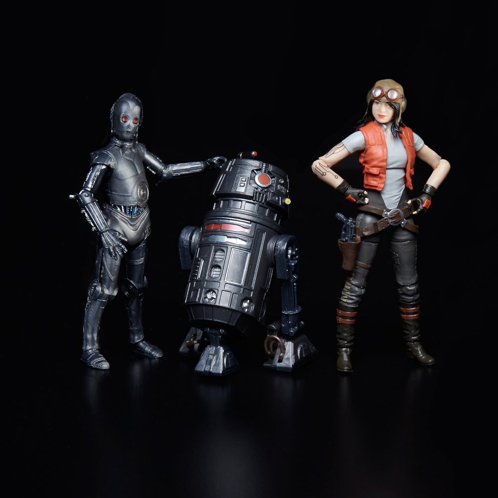Star Wars action figures of Doctor Aphra, assassin droid B-T-1, and protocol droid Triple-Zero on display.