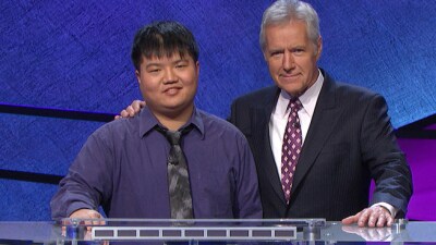Jeopardy contestant Arthur Chu and host Alex Trebek. Photo courtesy Jeopardy Productions Inc.