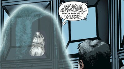 A hologram of Darth Sidious addresses an underling in a panel from the comic Star Wars: Dark Times - A Spark Remains.