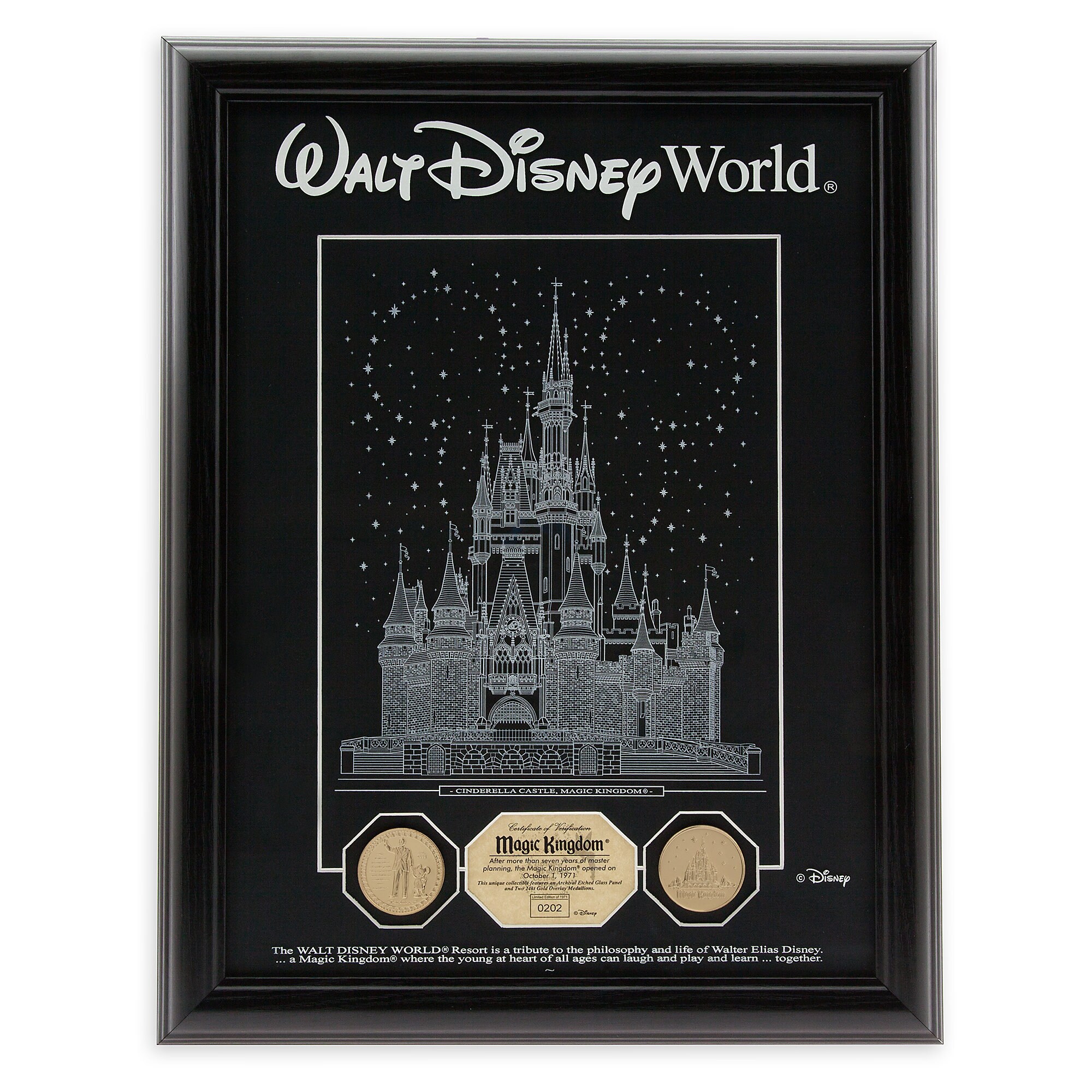 Cinderella Castle Etched Glass Panel with 24kt Gold Overlay Medallions - Walt Disney World - Limited Edition