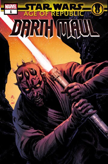 On the cover of the Marvel comic book issue Age of Republic: Darth Maul, Darth Maul wields his double-bladed lightsaber.