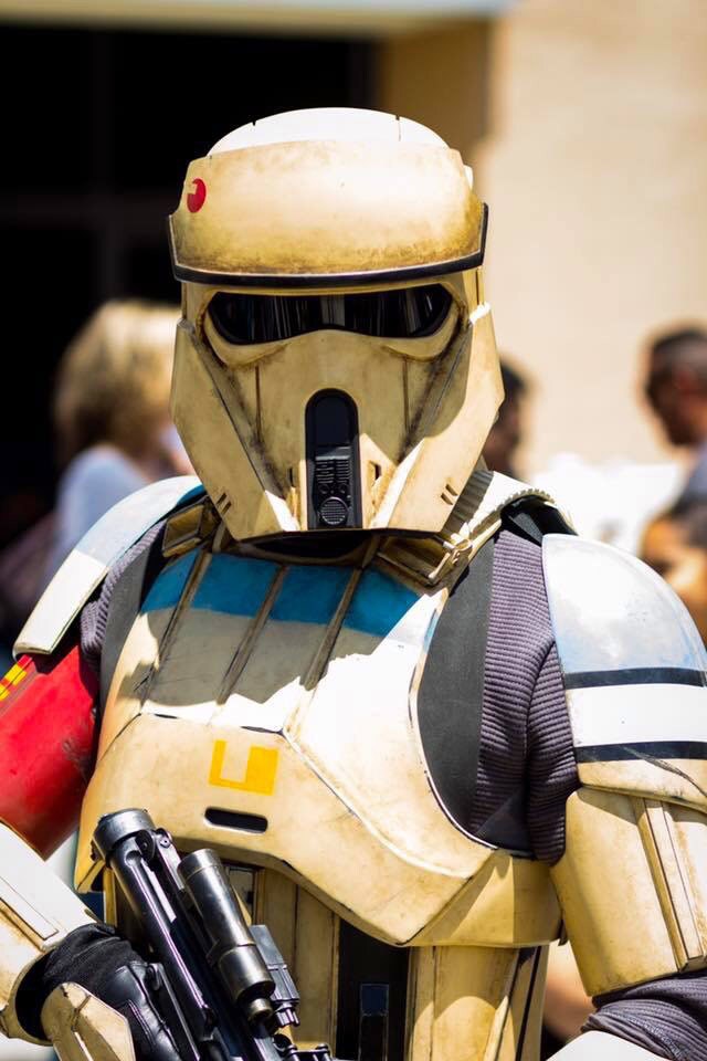 A member of the international, fan-based Star Wars organization, 501st Legion, cosplays as a shoretrooper at an event for Legion members.