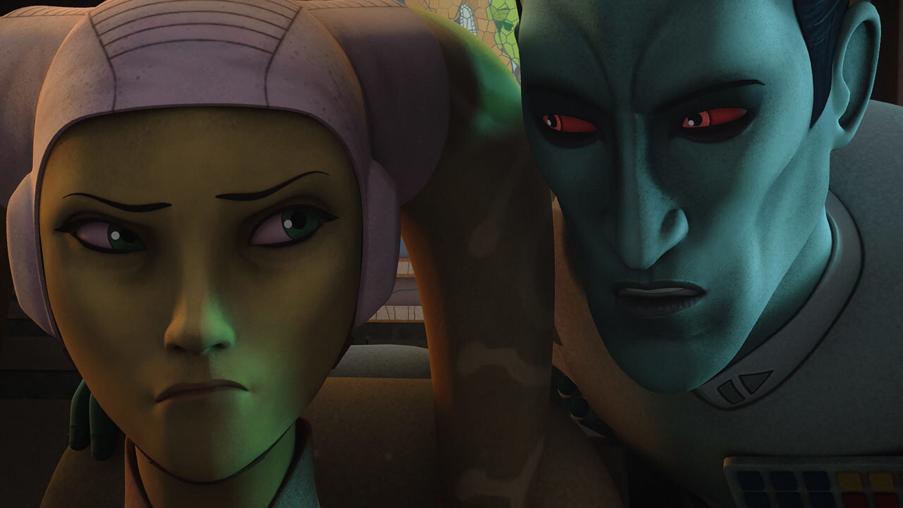 Grand Admiral Thrawn leans in and whispers in Hera's ear in Star Wars Rebels.