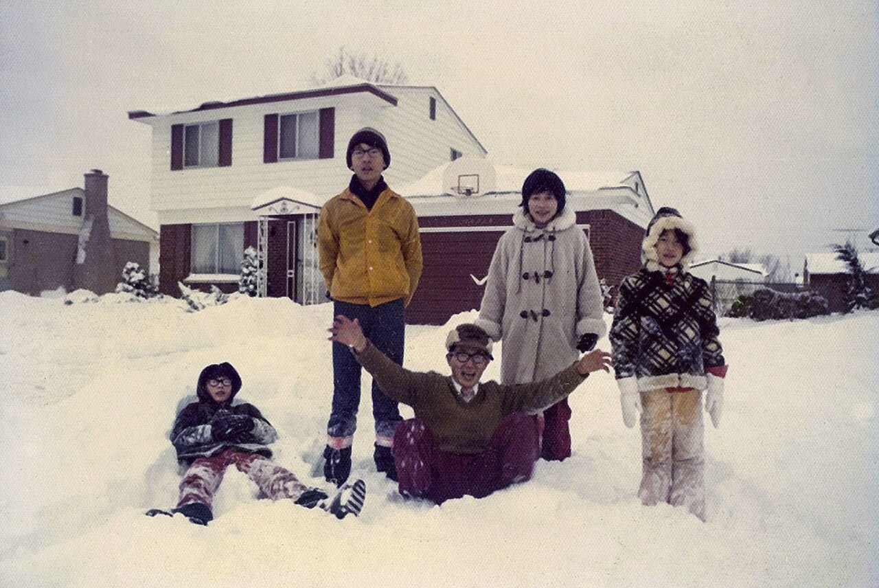 In the Michigan snow, from left to right: Doug, Sid, James, Patricia, and Lisa.