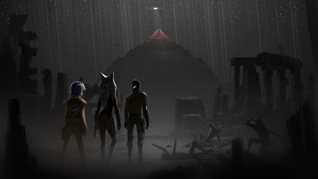 Ezra Bridger, Ahsoka Tano, and Kanan Jarrus stand before a Sirh Temple in Star Wars Rebels.