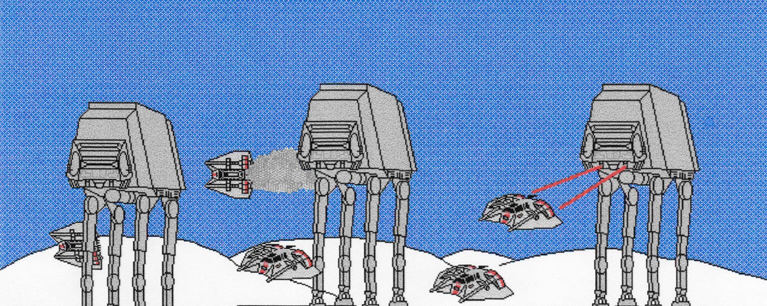 Fan art using digital design technology from the 1990s depicts Star Wars' AT-ATs fighting on Hoth.