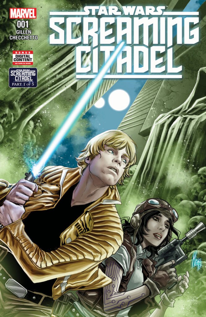 Star Wars Screaming Citadel comic book cover for issue number 1. It features Luke, wielding a lightsaber, and Doctor Aphra, holding a blaster, standing side by side.