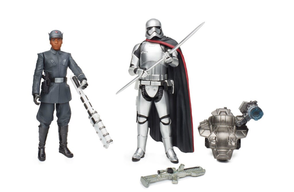 Finn, in First Order disguise, and Captain Phasma action figures with accessories.