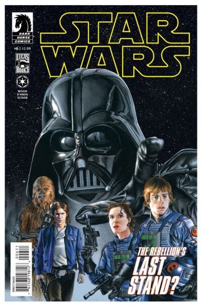 The cover of an issue from the Dark Horse comic book series The Rebellion's Last Stand?. A large Darth Vader reaches out behind Luke, Leia, Han, and Chewbacca.