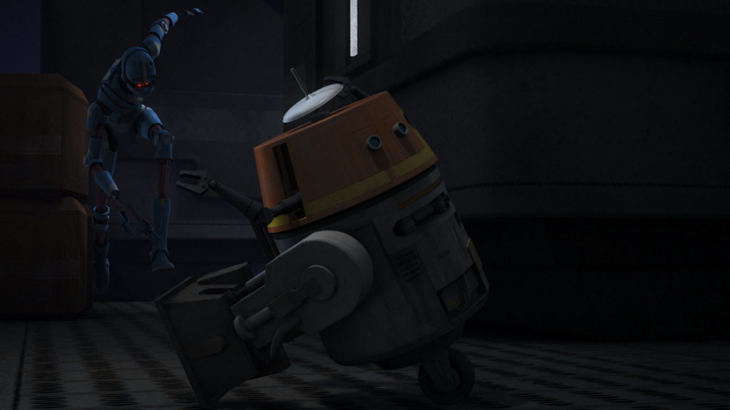 Chopper flees from a hostile droid.