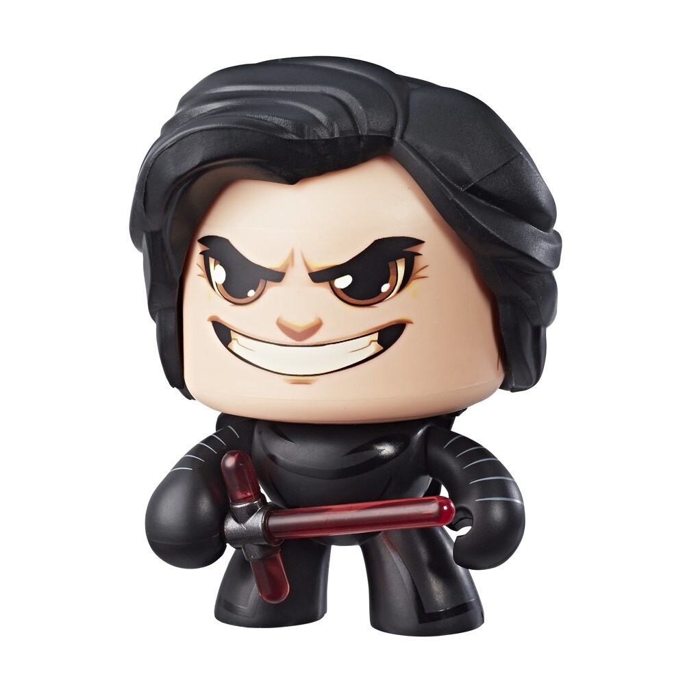A Kylo Ren Star Wars Mighty Muggs collectible figure holds a lightsaber.