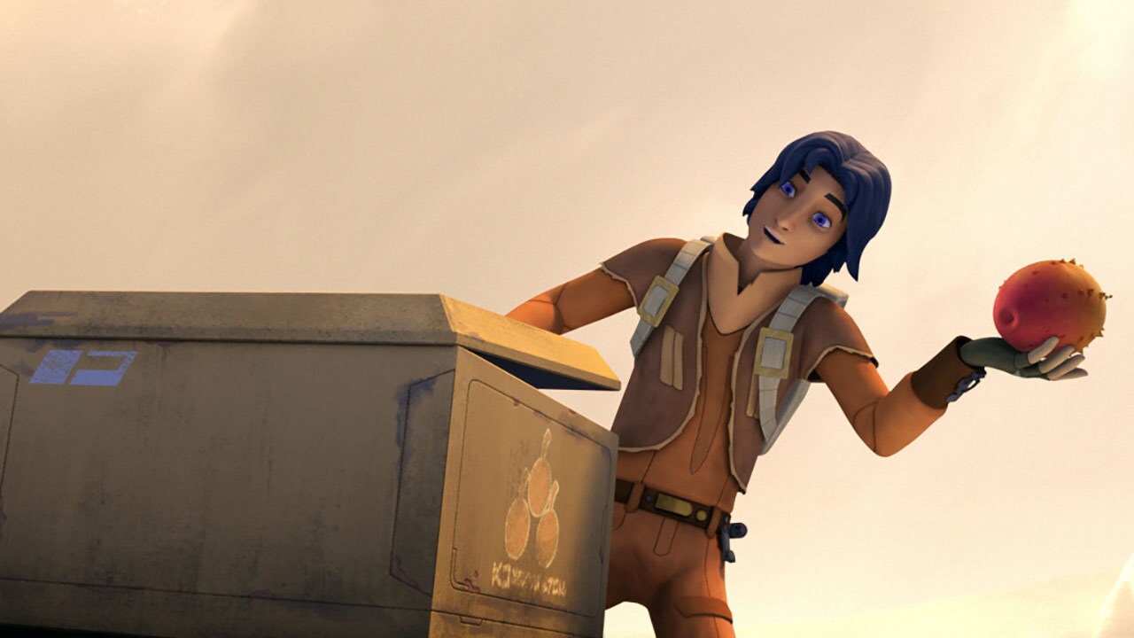 Ezra Bridger holds an orange meiloorun fruit and stands behind a metal box on Lothal in Star Wars Rebels.