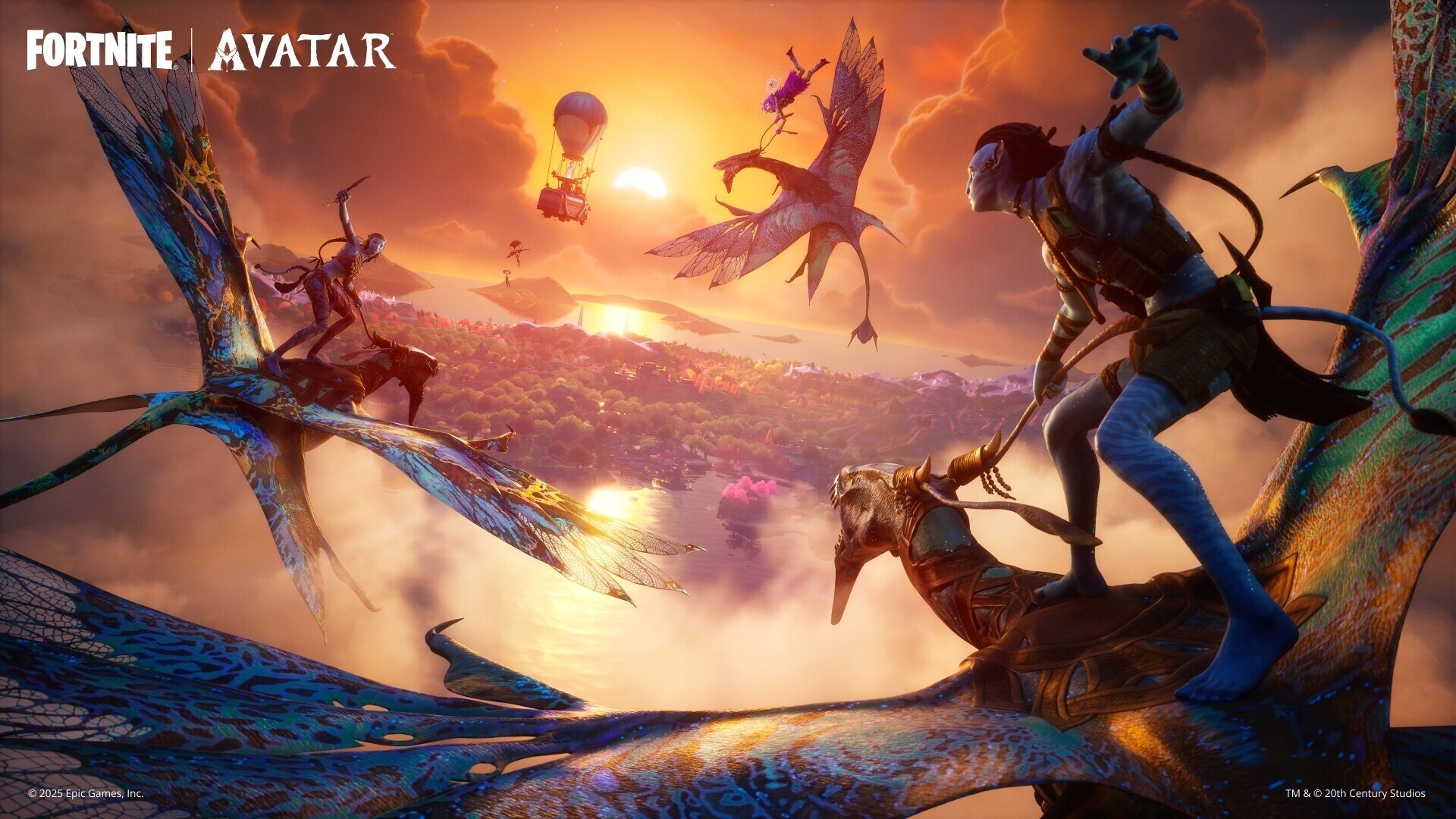 Image of a several Na'vi riding banshees.