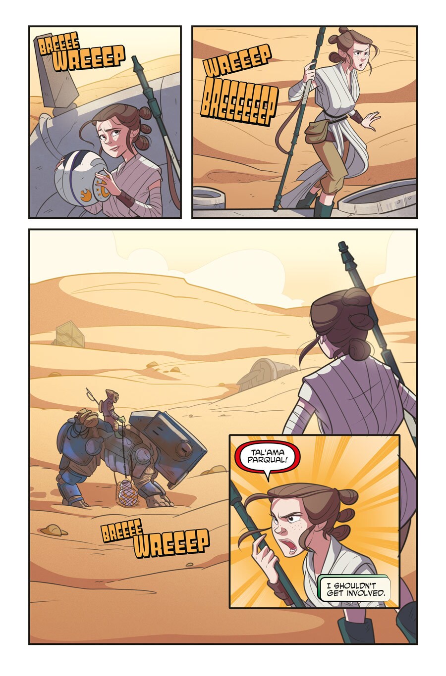 A page from the comic book Star Wars Forces of Destiny: Rey depicts Rey meeting BB-8.