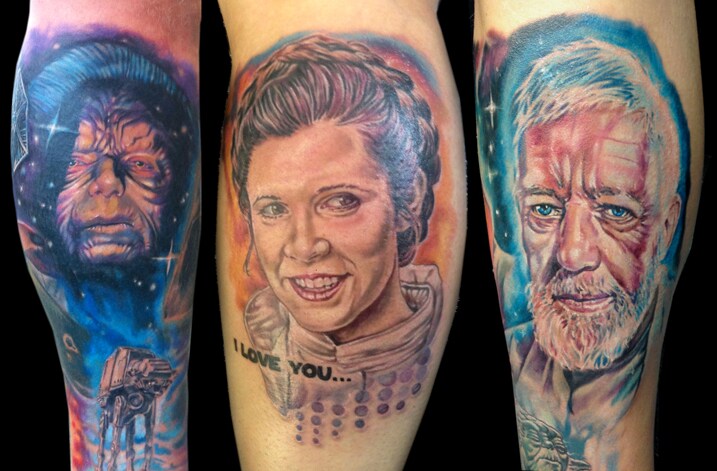 Emperor Palpatine, Princess Leia and Obi-Wan Kenobi tattoos by Josh Bodwell.