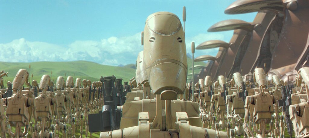 Battle droids prepare to attack in Star Wars: The Phantom Menace.