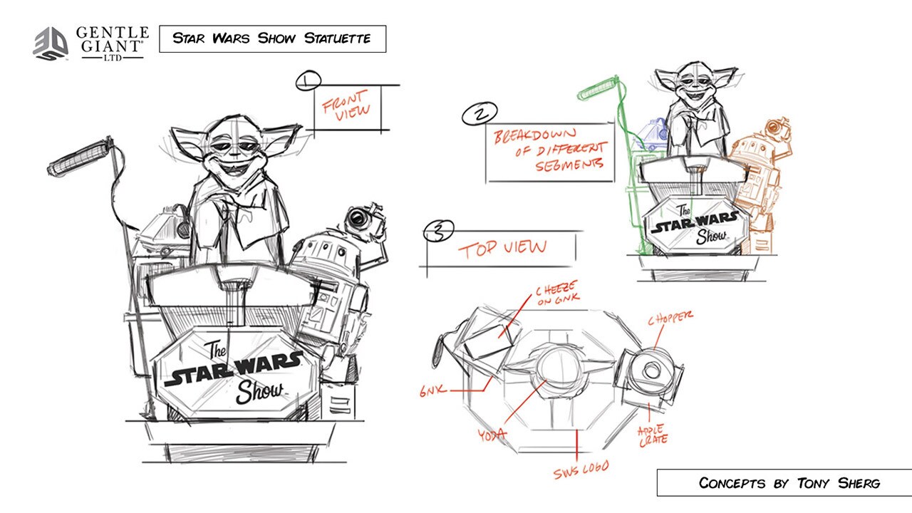 Art concepts of a Star Wars Show statuette featuring Yoda and assorted droids.