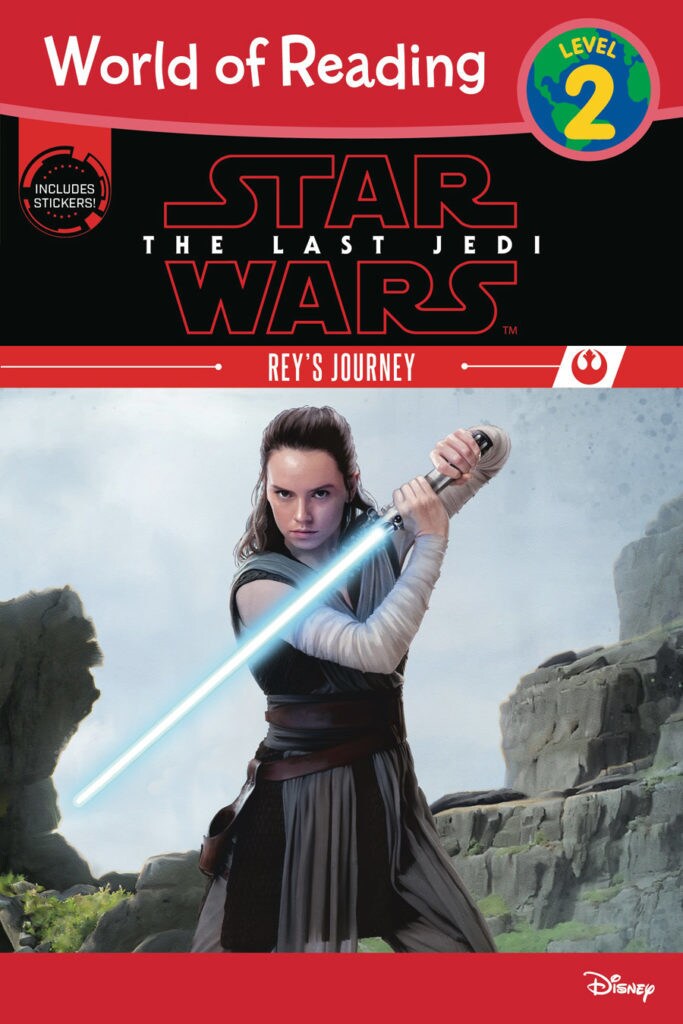 Rey wields her blue lightsaber on the cover of the book World of Reading Star Wars: The Last Jedi Rey's Journey (Level 2 Reader).