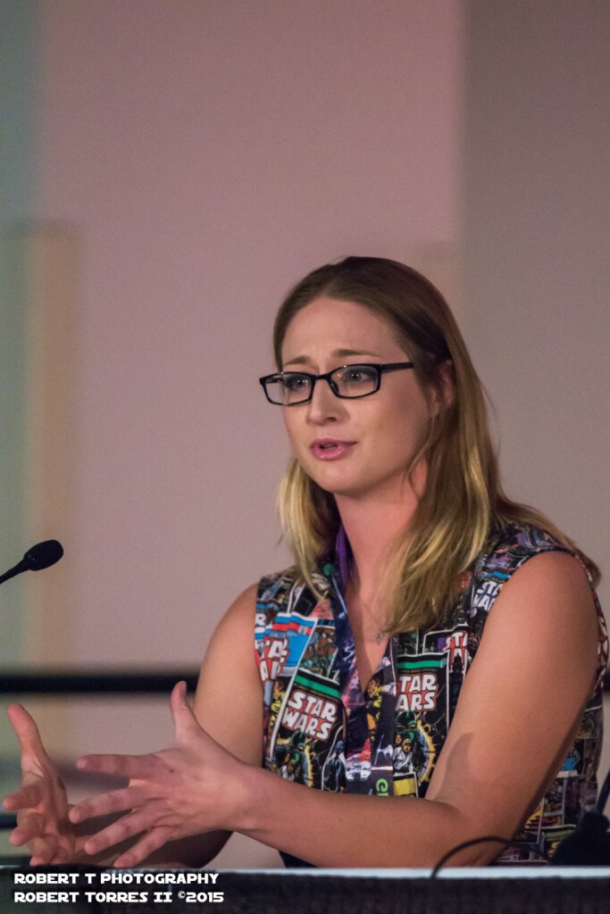 Naval officer and cosplayer Mary Ralston speaks at a Star Wars panel.