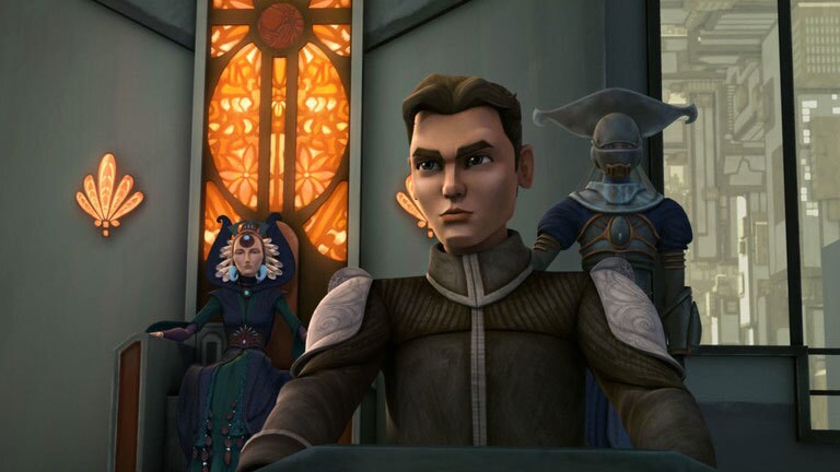 Lux Bonteri sits in the foreground while Satine Kryze and a guard appear in the background in The Clone Wars.