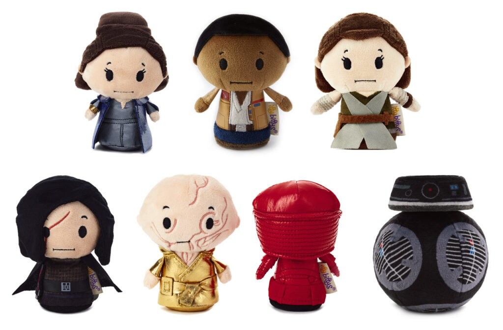 General Leia, Finn, Rey, Kylo Ren, Supreme Leader Snoke, Praetorian Guard, and BB-9E plush toys by Hallmark.