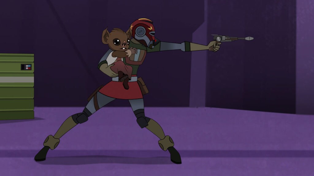 Ketsu Onyo holds baby Chadra-Fan while aiming her blaster in Star Wars Forces of Destiny.