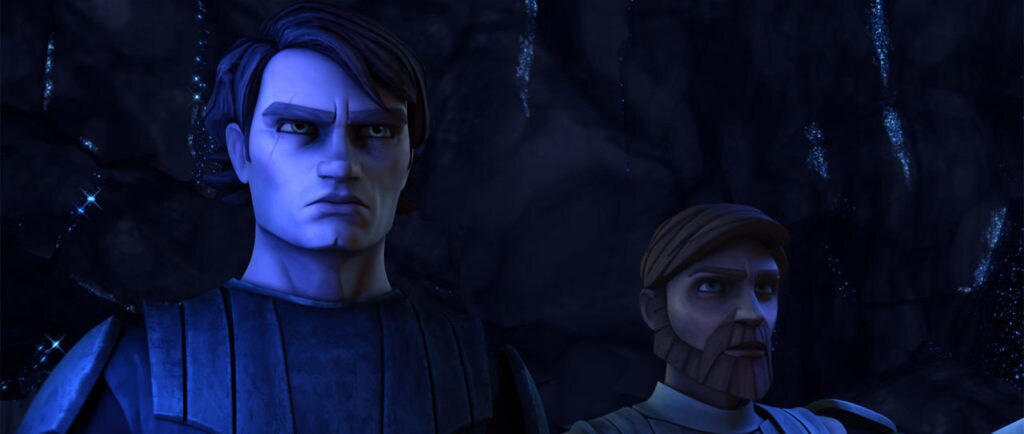 Anakin, looking angry, stands beside Obi-Wan in The Clone Wars.