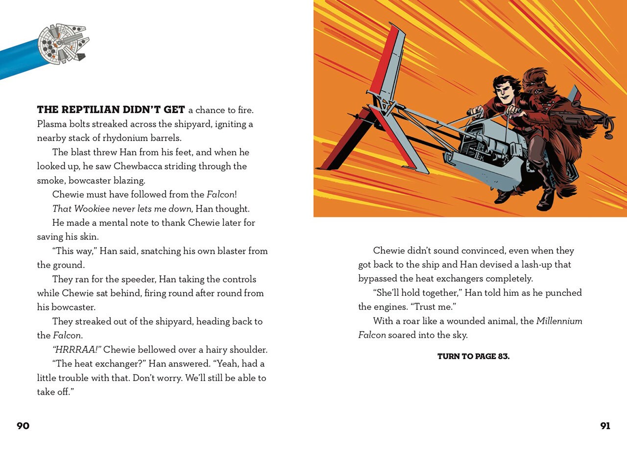Pages from Star Wars: Choose Your Destiny: A Han & Chewie Adventure, which features Han and Chewie on a speeder.