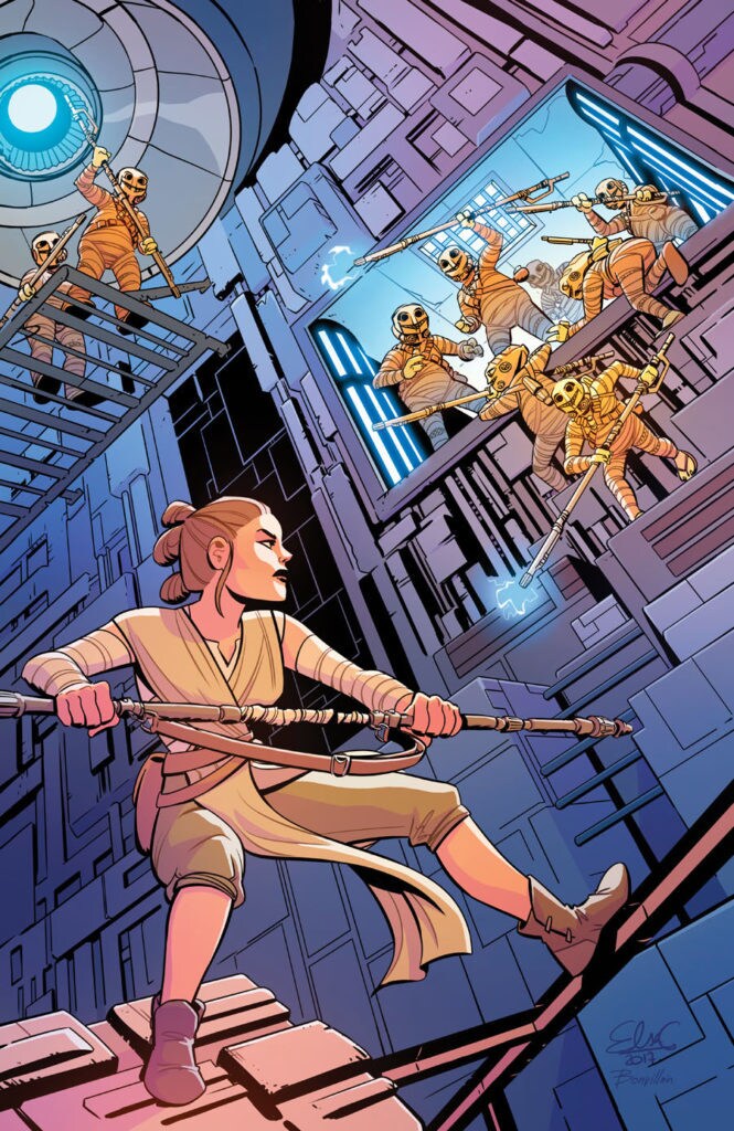 Rey wields her quarterstaff on the cover of the Star Wars Adventure comic. Sand People approach her from above with gafi sticks.
