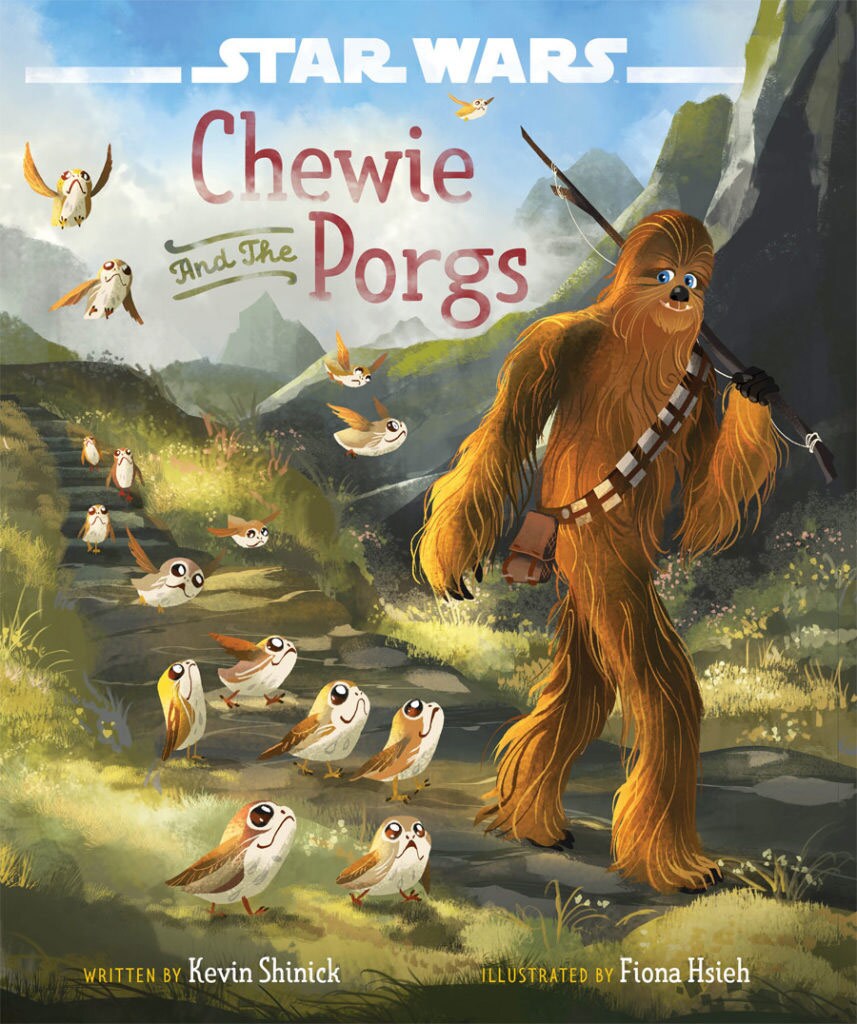 Chewbacca, carrying a fishing pole, is followed by a flock of porgs on the cover of Chewie and the Porgs.