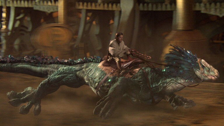 Obi-Wan Kenobi rides a Varactyl.