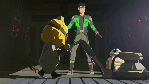 Opeepit polishes a floor in front of Kaz and BB-8, in a GIF.