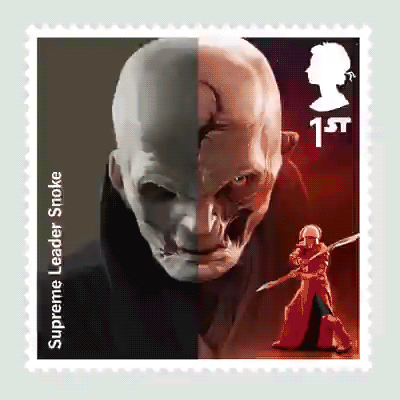 An animated GIF shows the creation of a Snoke-themed Royal Mail postage stamp. The image depicts Snoke with his head tilted downward as he glares forward while an Elite Praetorian Guard appears in the lower right corner.