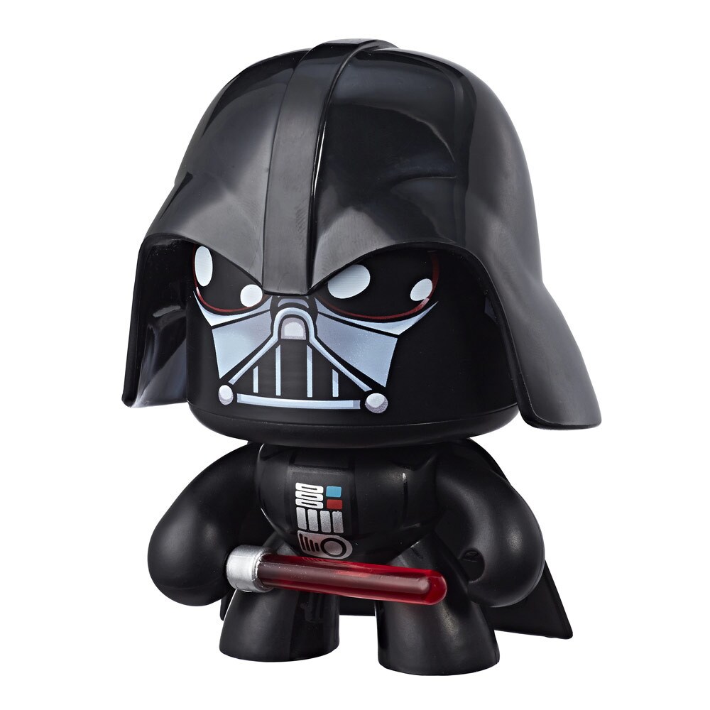 A Darth Vader Star Wars Mighty Muggs collectible figure holds a lightsaber.