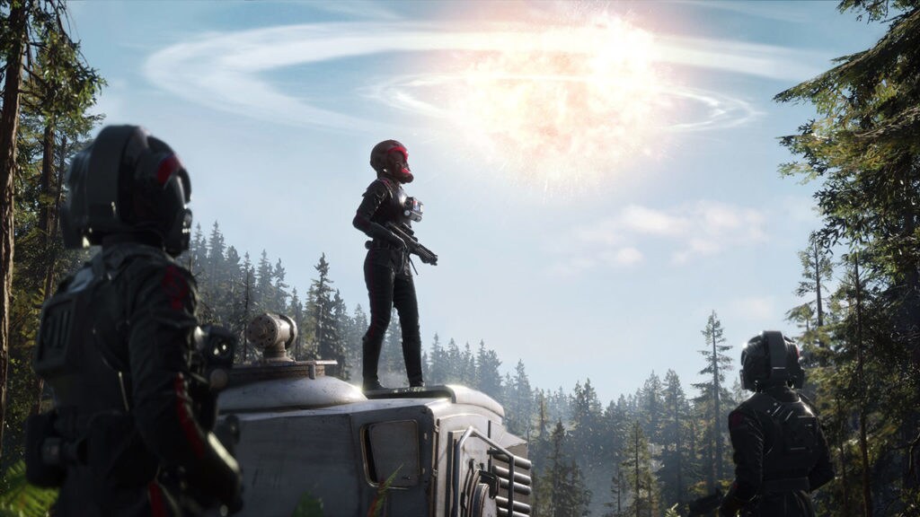 Commander Iden Versio and the Inferno Squad look up at the Death Star II as it explodes above Endor.