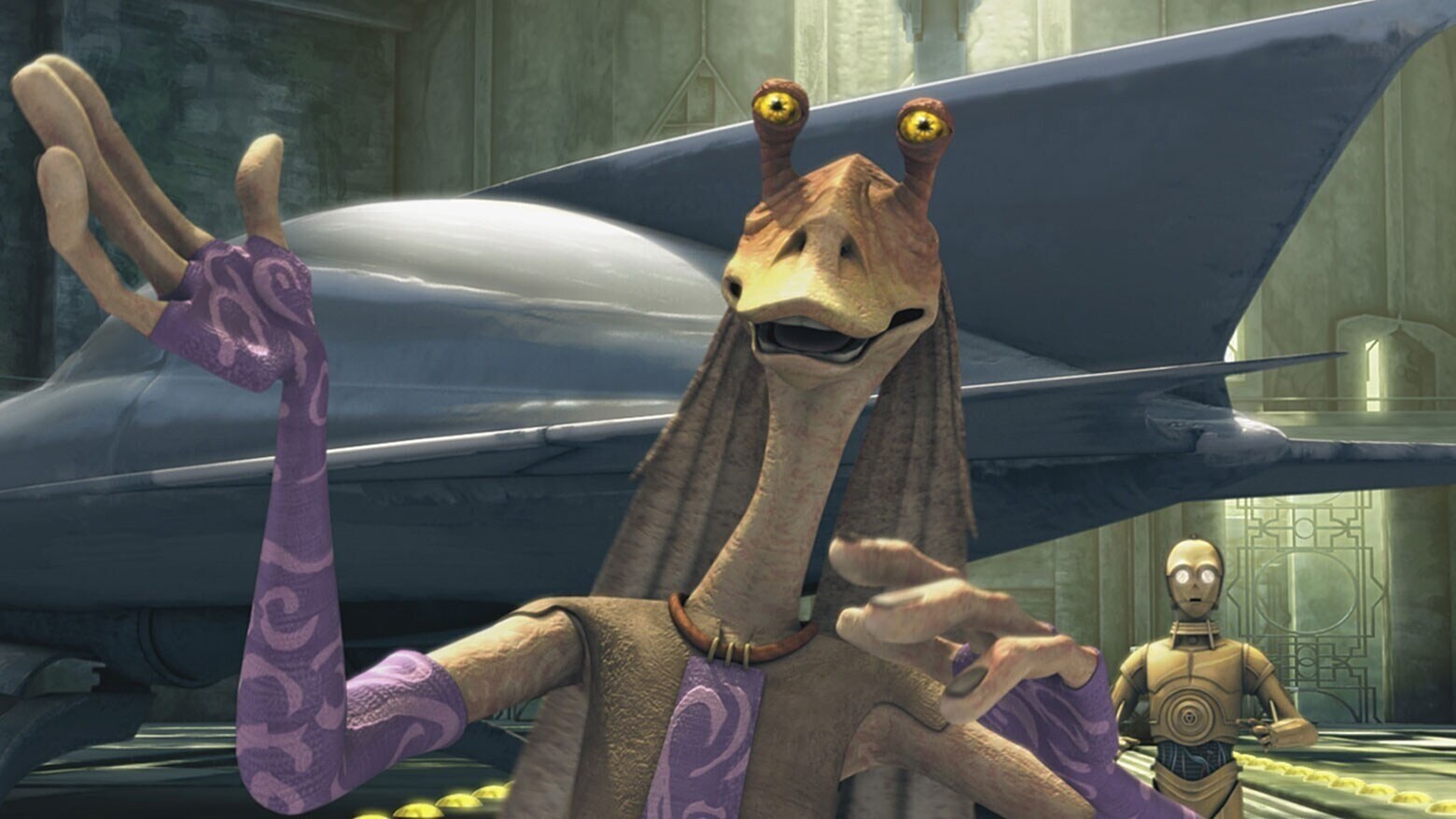 Jar Jar Binks disguises himself as a Jedi