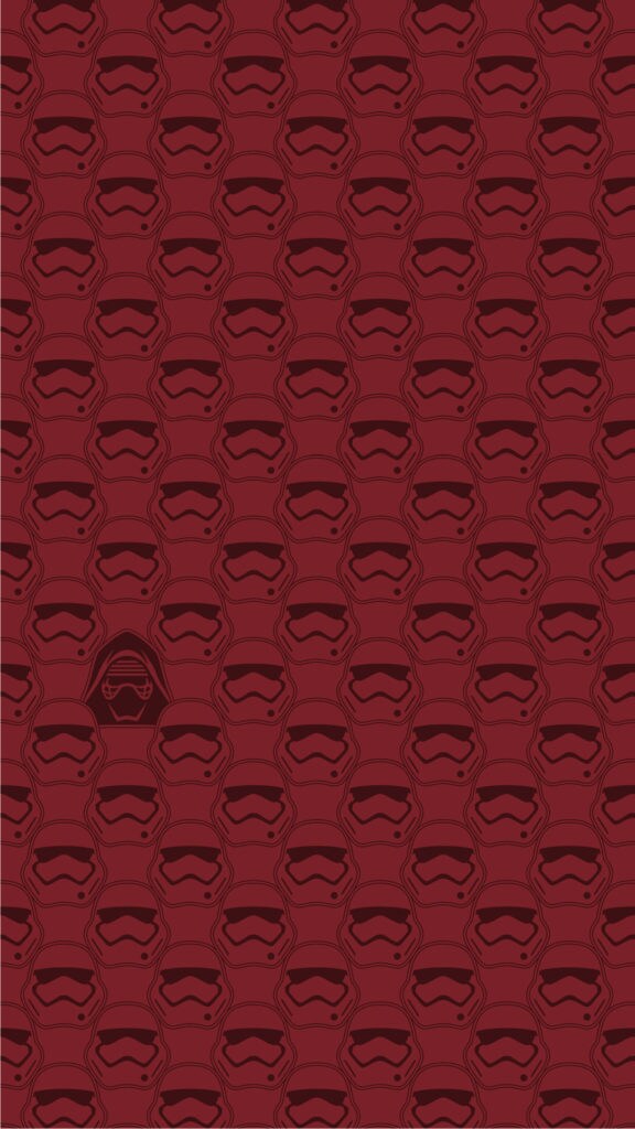 Mobile wallpaper depicts a repeating pattern of stormtrooper helmets with one Kylo Ren helmet on a red background from starwars.com.